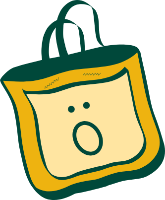 A yellow tote bag with a surprised expression on its face.